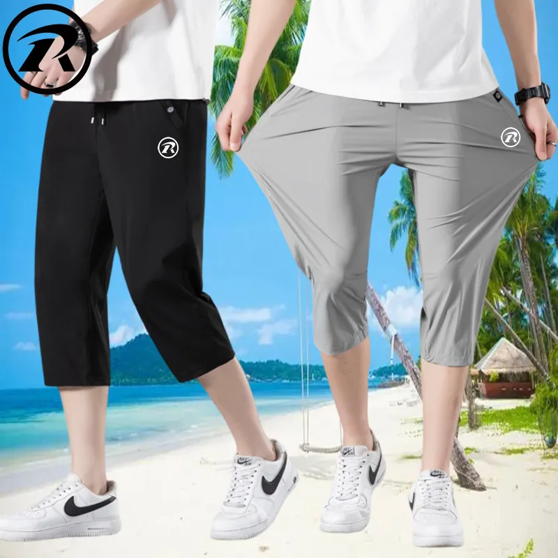 Pantalones cortos de verano para hombre, Bermudas de nailon fino de 2023 de longitud, secado rápido, color negro, 3/4