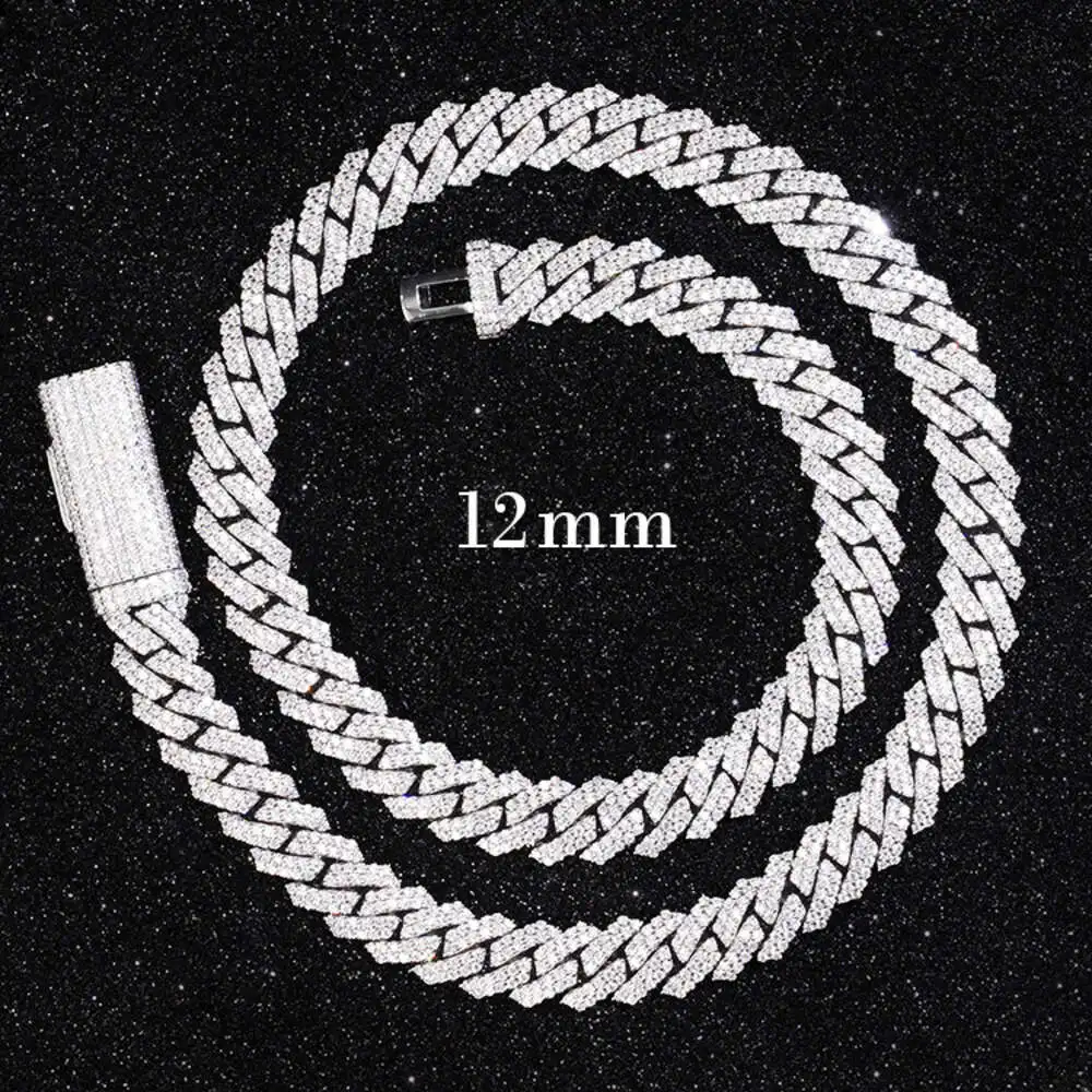 Light S925 Real Moissanite with Gra 12mm 2rows Iced Out Cuban Necklace Chain for Male