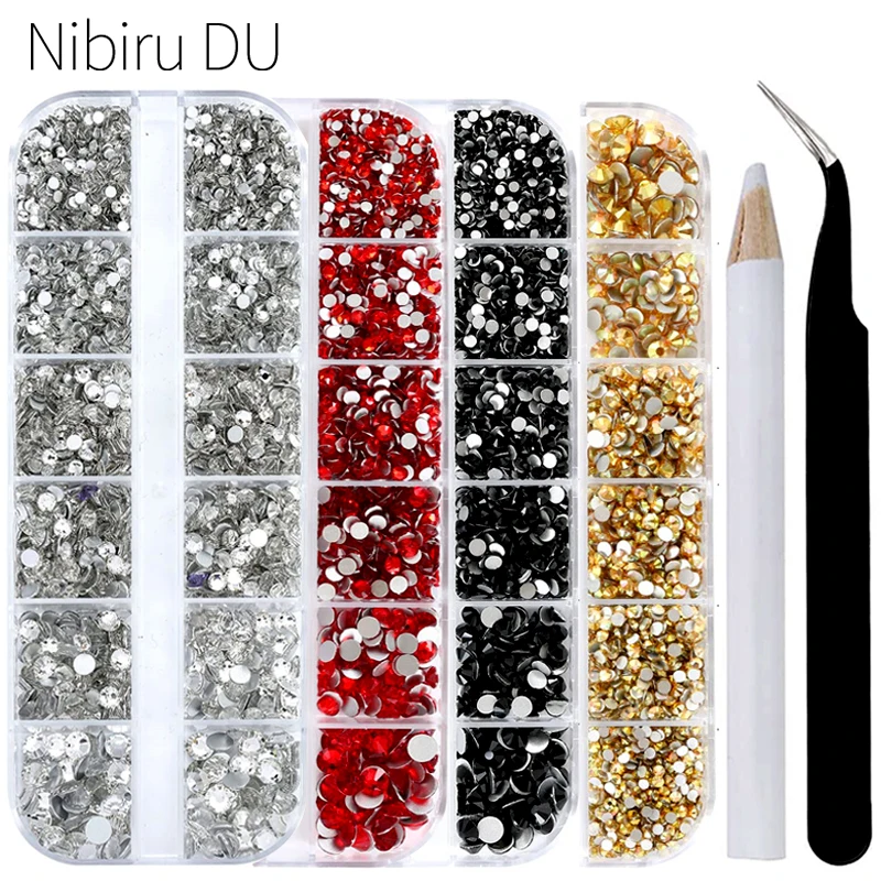 12 Grids Crystal Flatback Rhinestones Set for Nails SS6-SS20 Flatback Nail Art Rhinestone Set With 1 Pick Up Pen DIY Manicure