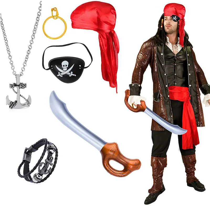 Pirate Captain Cosplay Costume Props Set Pirate Pendant Eye Mask Turban Earring Bracelet Skull Halloween Theme Party Decoration