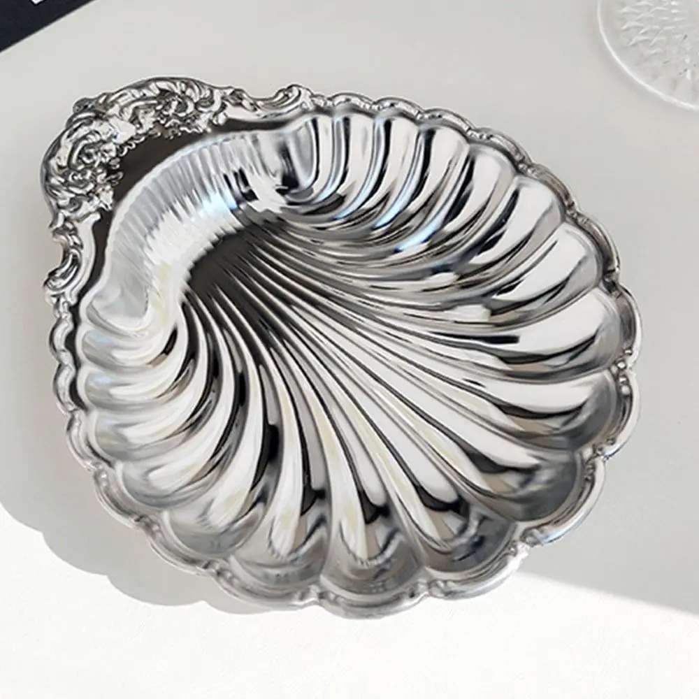 Vintage Dessert Plate Silver Color Shell Shape Jewelry Storage Tray Decorative Embossed Details Embossed Food Tray