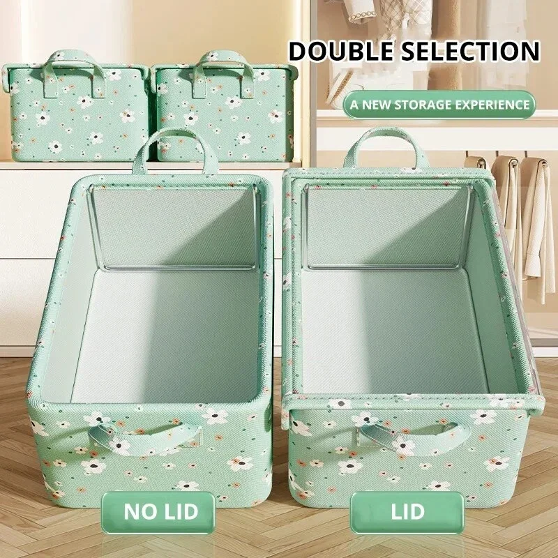 Storage Bin Box with Handles Light Green Flower Baskets Organizer Container with Handles for Bedroom Bathroom Clothes Toys Books