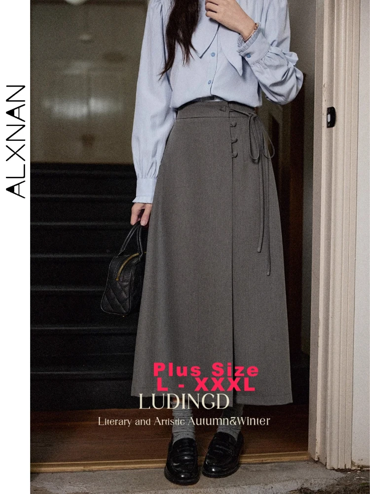 

ALXNAN Plus Size Grey Skirts High-waisted Button Decoration Tie Waist New Autumn Loose Fit Official Commuting Long Skirts D12633