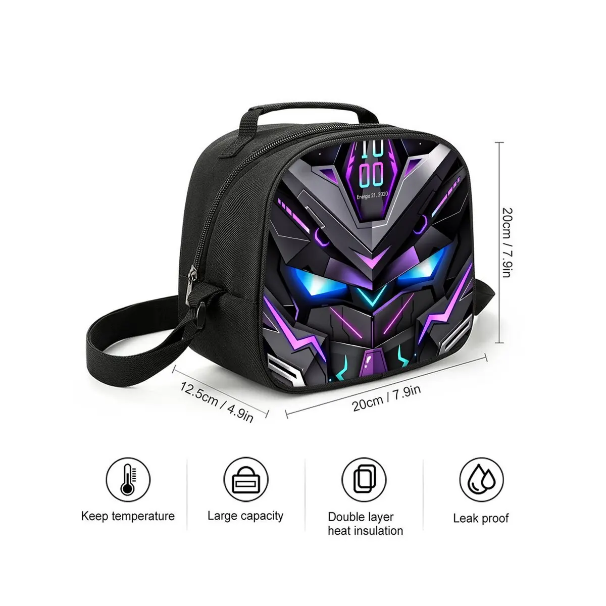 Mechanical Robots Print Single-Sided Shoulder Strap Circular Lunch Bag/Handbag Zipper Portable Travel Food Box Picnic Pouch