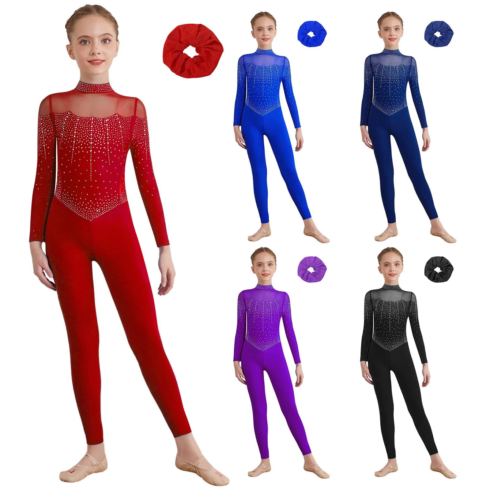 Girls Full Body Bodysuit Jumpsuit with Hair Band Artistic Gymnastics One-piece Suit Children Rhinestone Unitard Ballet Clothes