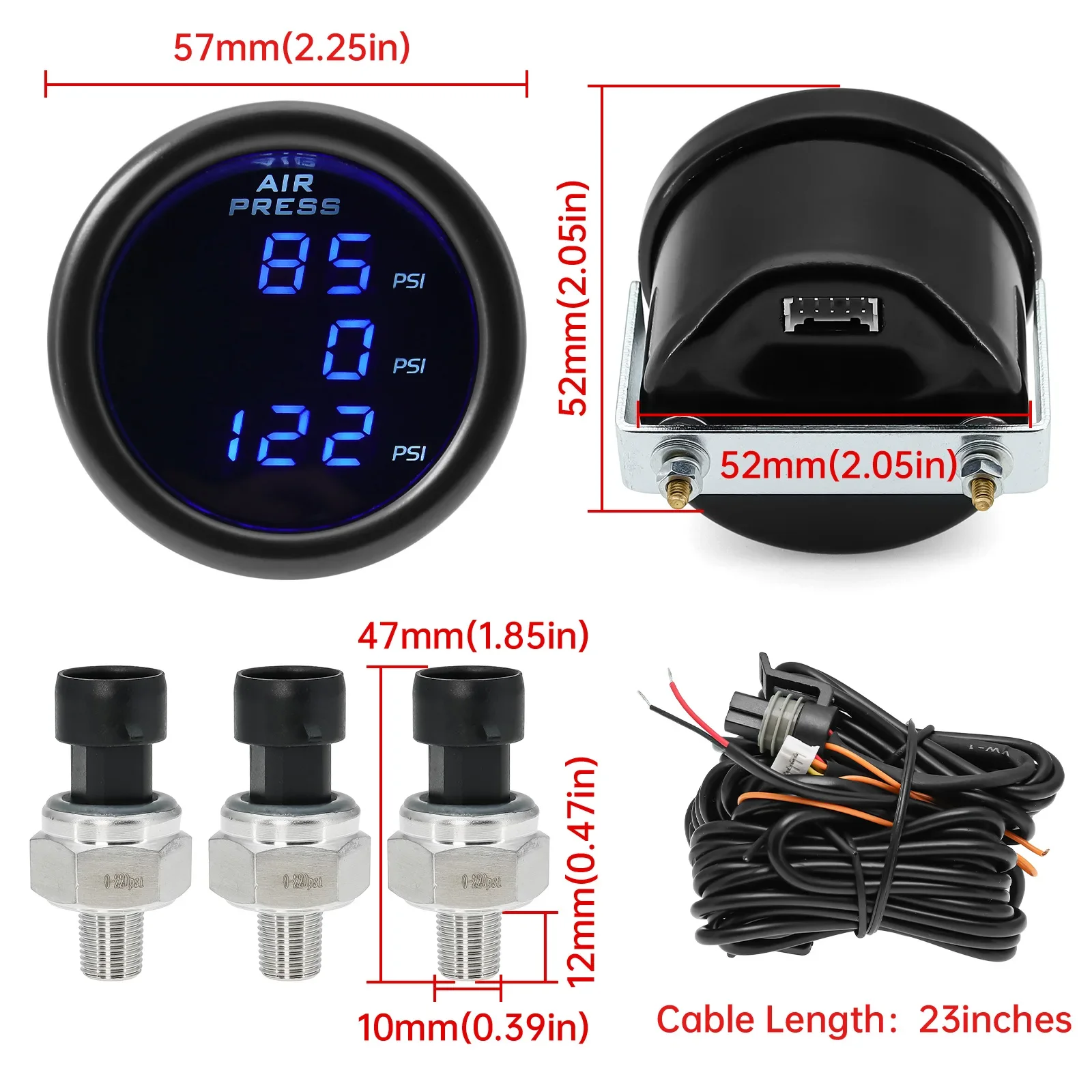 52mm Car Air Pressure Gauge Blue LED Boost Gauges Digital Display Air Ride Suspension with 1/8NPT Sensors for 12V 24V Auto Car