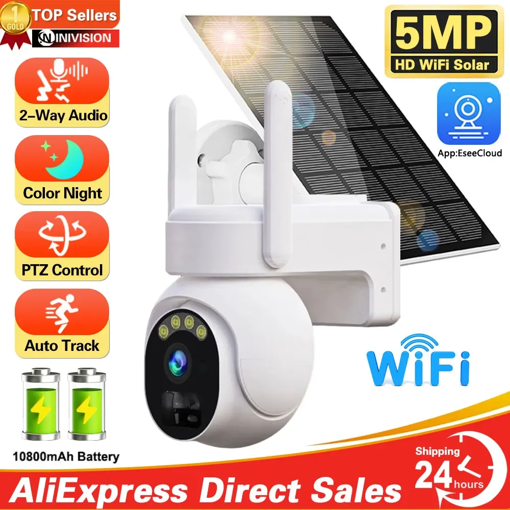 

5MP Solar WIFI Camera 10800mAh Battery PTZ Surveillance IP Cameras Wireless PIR Human Tracking CCTV HD Outdoor IP66 Waterproof