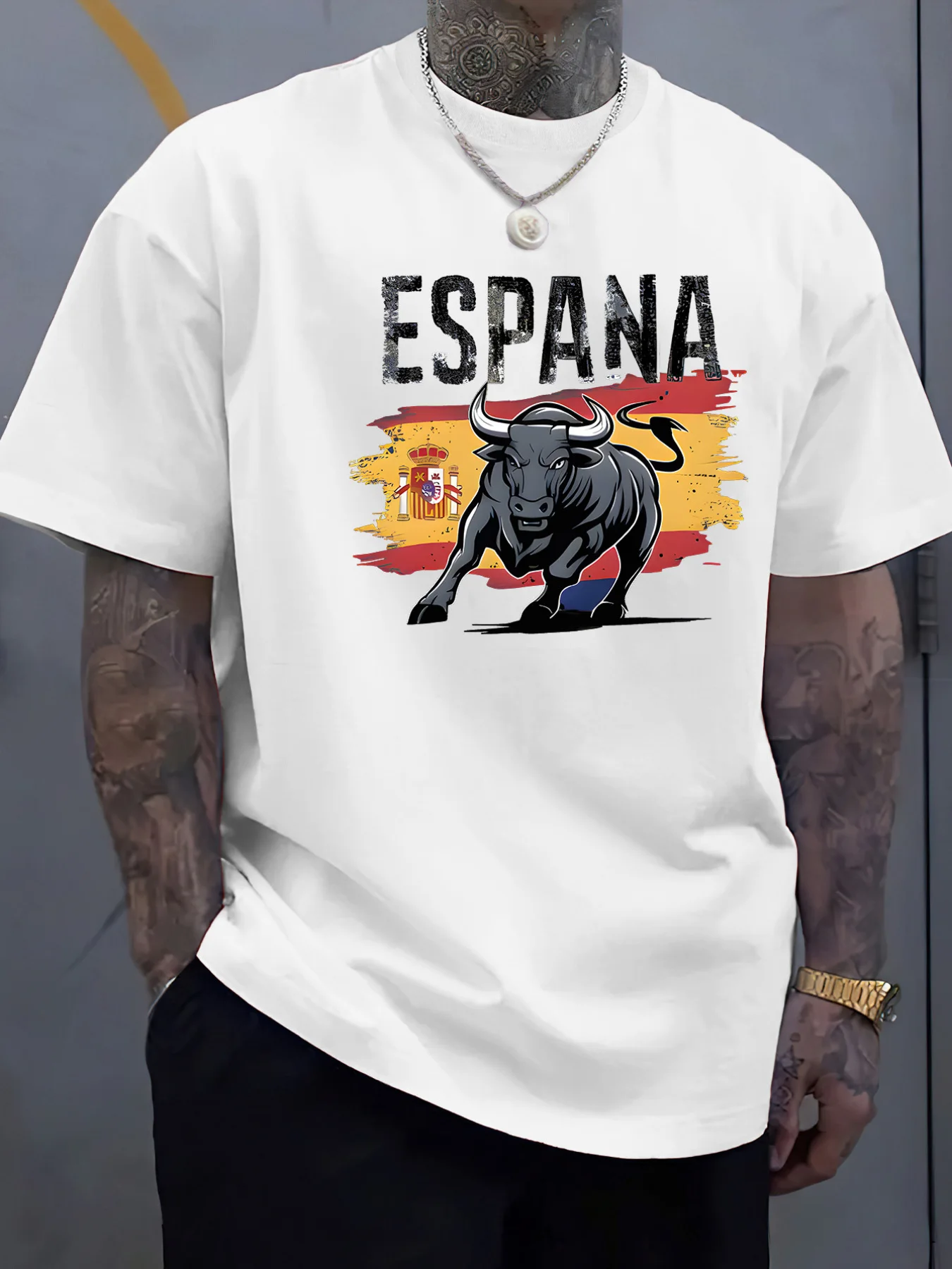 Men's Spanish Bullfighting Graphic T-Shirt - Casual Summer Round Neck Tee With Vibrant Animal Print,, Soft Ribbed Collar, Street