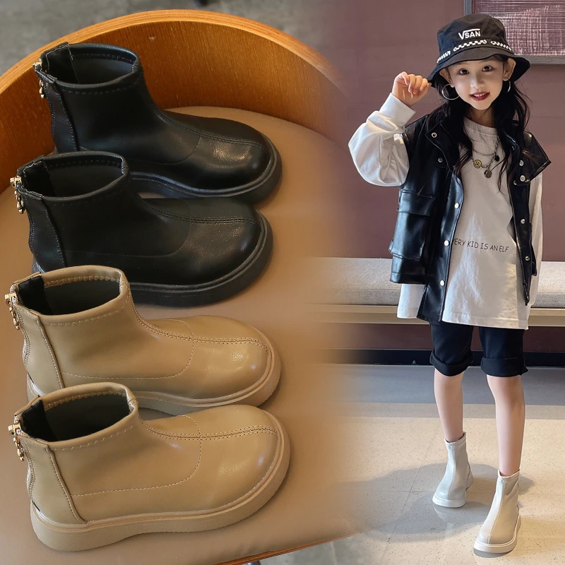 

Осенне-зимние детские модные простые ботильоны на боковой молнии, повседневные универсальные детские короткие кожаные ботинки для девочек