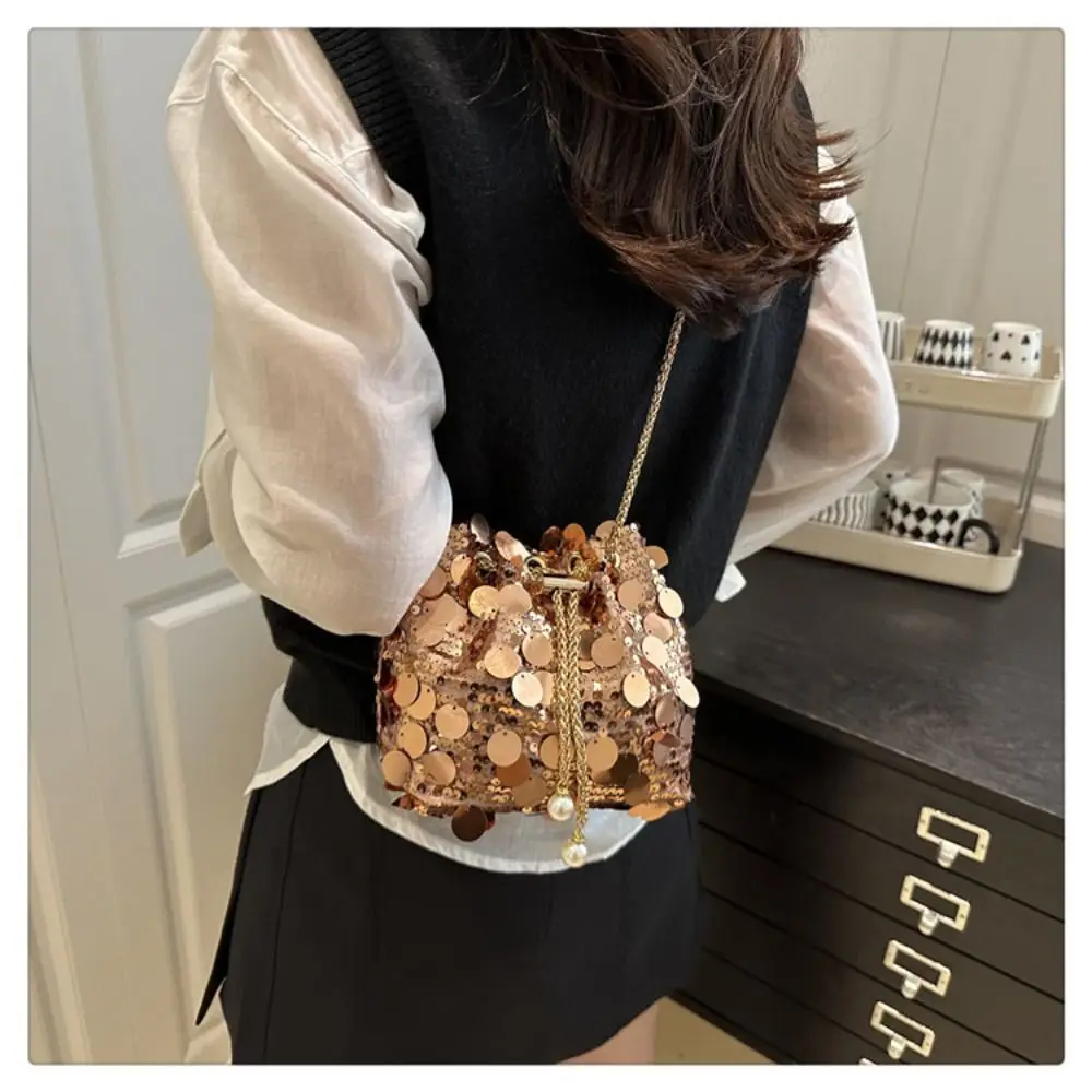 French Shiny Evening Banquet Bag Glitter Blingbling Sequin Shoulder Bag Metal Chain Handbag Tassel Crossbody Bag Women