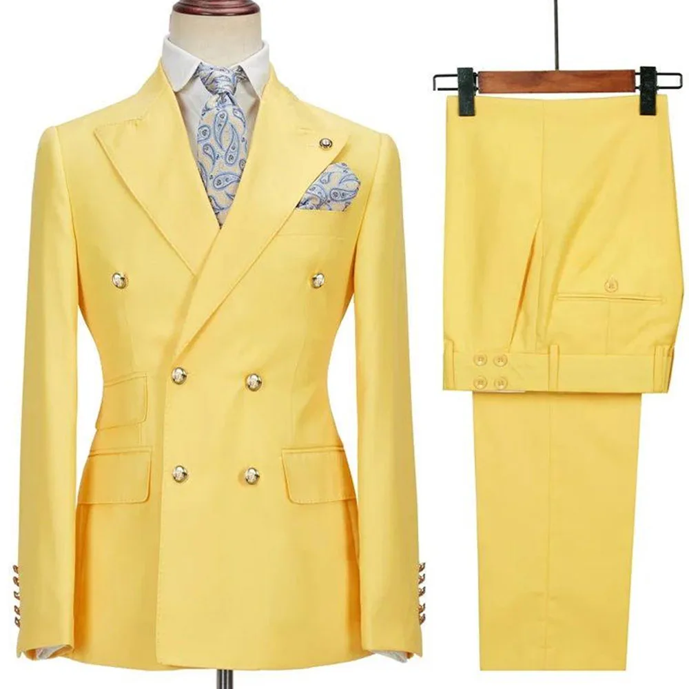 

Smart Causal Yellow Suit For Men Notch Lapel Double Breasted 2 Piece Jacket Pants Daily Office Prom Traje De Hombre Elegante