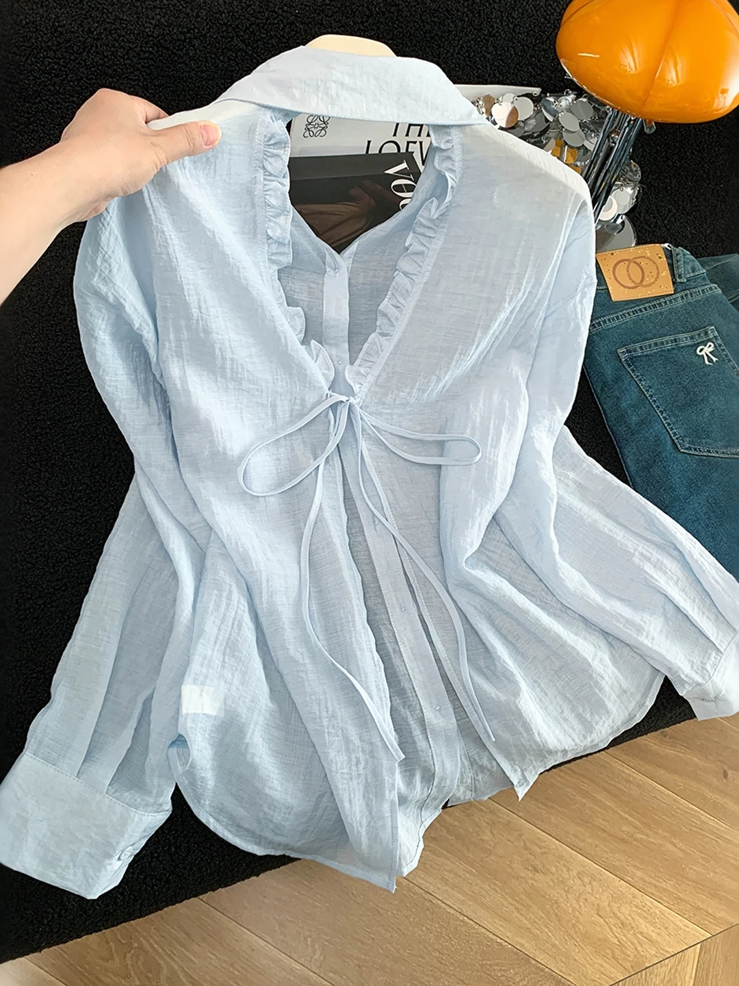 

Thin Long Sleeve Women's Shirt Korean Style Loose Fit Patchwork Design Back Hollow out Wood Grain Summer Top