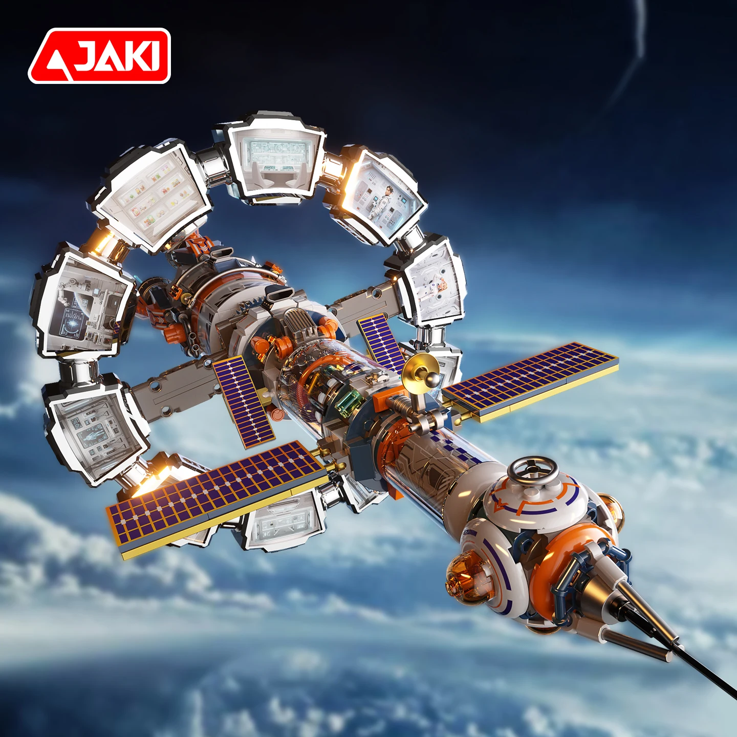 JAKI Simulation Electric Rotating Space Station Building Blocks Set, Home Toy Ornament Model Assembly, Adult Birthday Gift