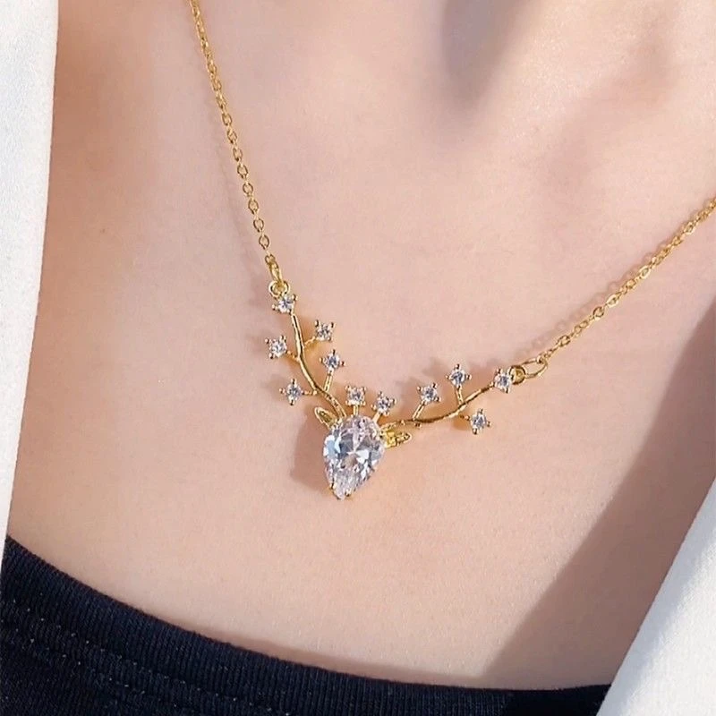 New Bohemian Elk Pendants Necklaces for Women Gold Color Metal Chain Crystal Branch Luxury Wedding Neck Jewelry 2026 New Trend