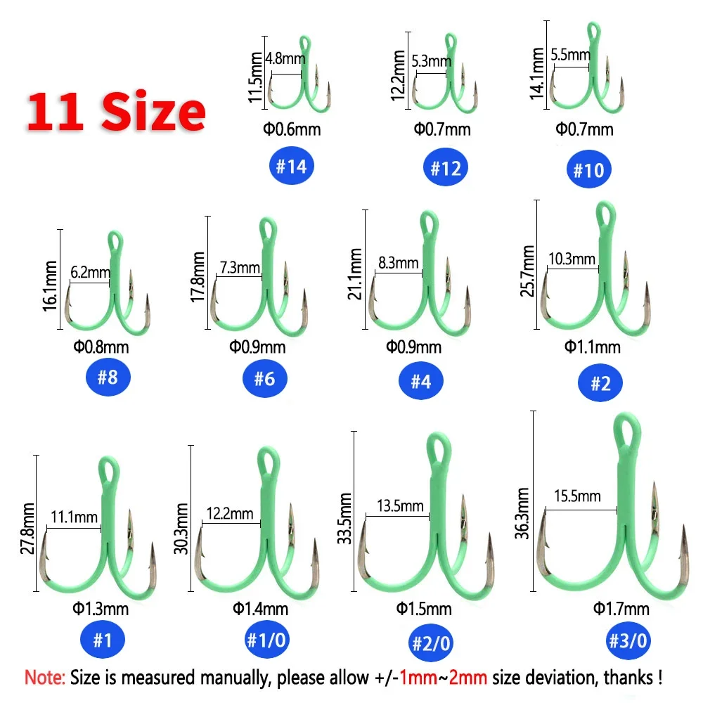 ICERIO  5/10pcs 14#-3/0# Fluorescent/Luminous Round Bent Inline Treble Hooks Saltwater Freshwater Fishing Lure Bait Triple Hook