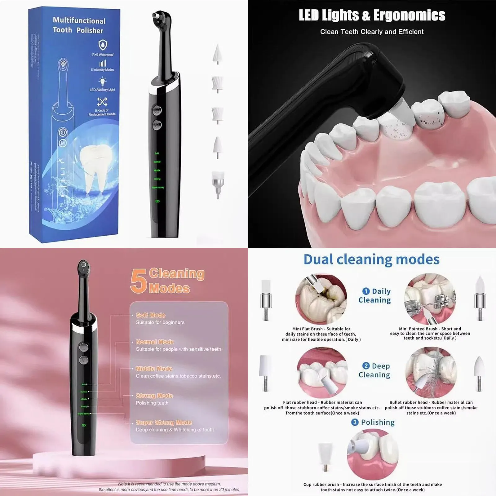 Rechargeable Electric Tooth Polisher Teeth Whitening Kit 5 Heads 5 Modes IPX6 Waterproof