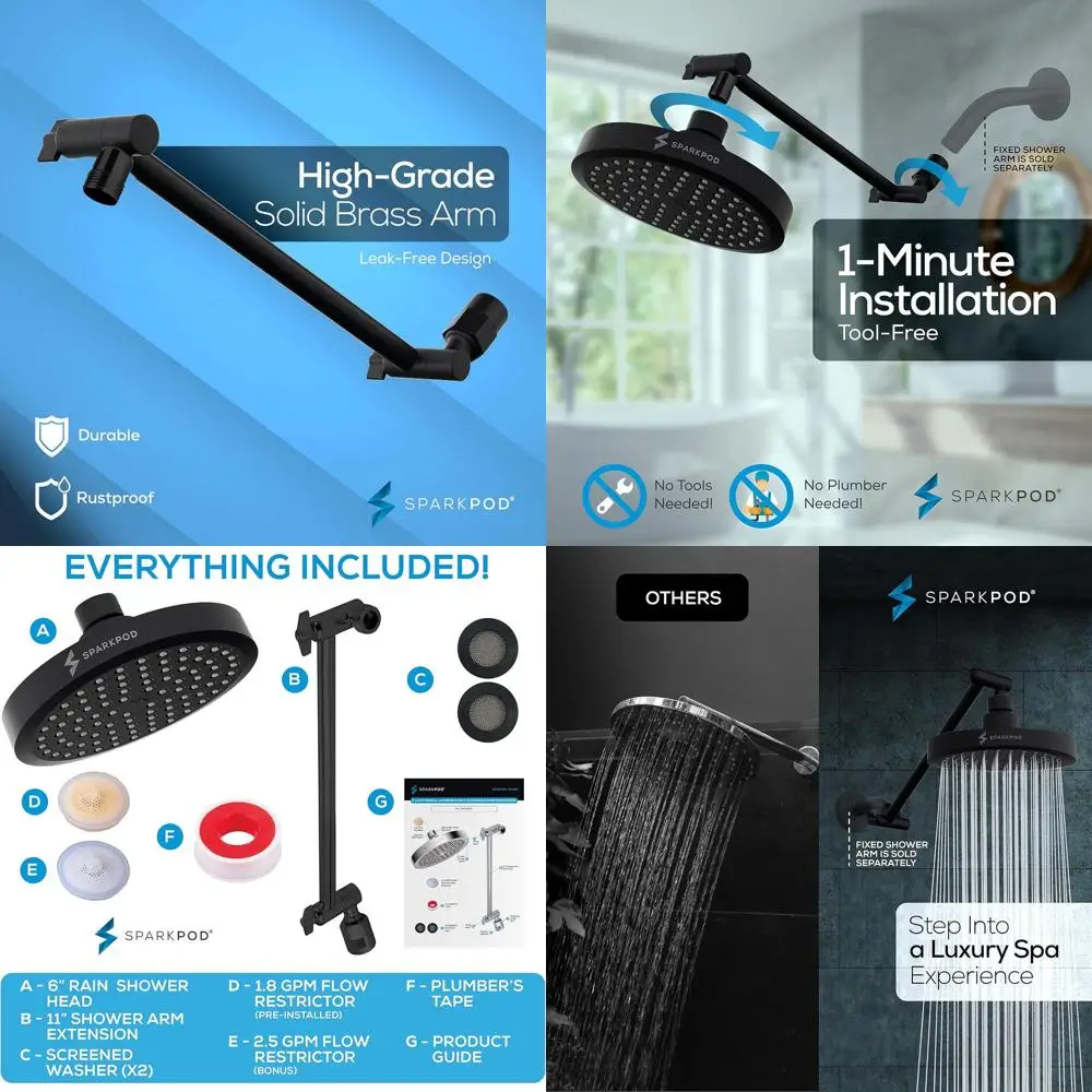 

Adjustable Height Rain Shower with 11 Extension Arm - Quick Install, High-Purity Performance, Night Black Matte