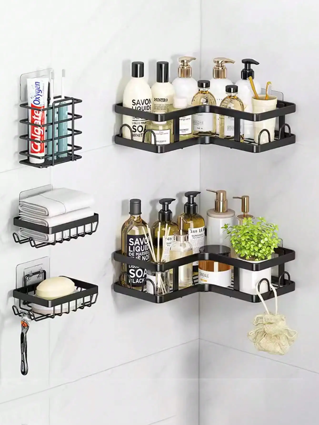 

5pcs Stainless Steel Corner Storage Racks: Adhesive Shower Caddies for Bath/Kitchen, Ideal for Holiday & Party Gifts