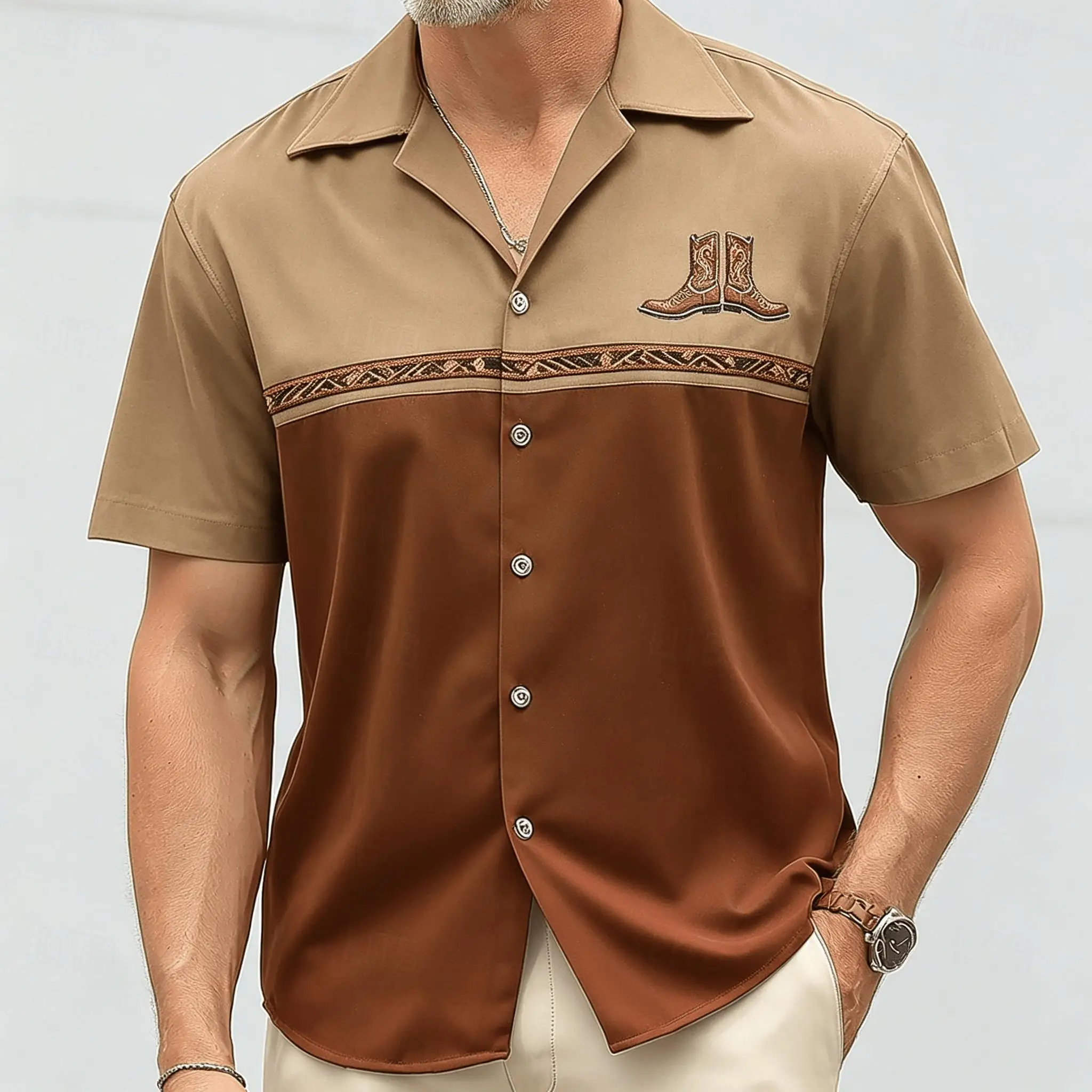 

Men's Western Cowboy Boots Print Two-Tone Shirt, Casual Short Sleeve for Spring Summer