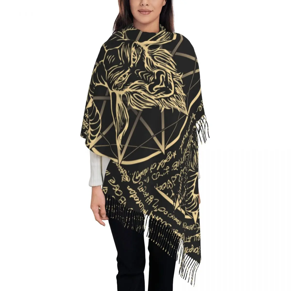 Customized Baphomet Pentagram Occult Magic Tassel Scarf Women Soft Dark Devil Satan Goat Shawls Wraps Female Winter Scarves