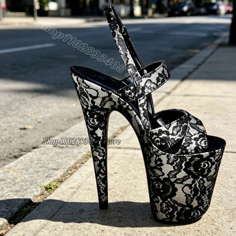 Black Lace Stiletto Platform Sandals Ankle Buckle Stylish Design for Women Stripper Heel Pole Dance Sandals Zapatos Para Mujere