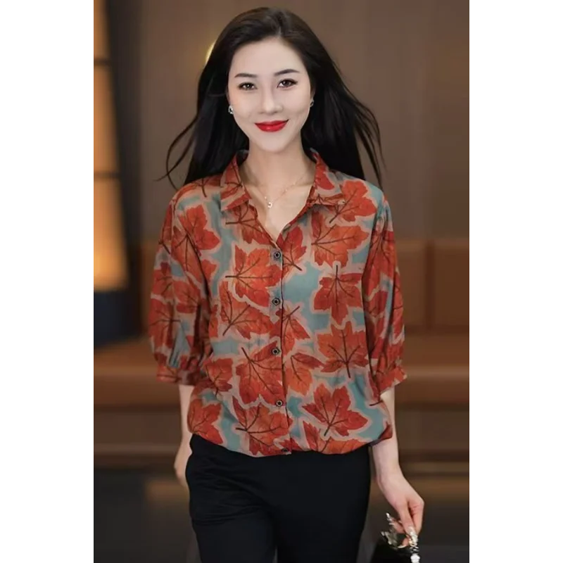 Floral Chiffon Women's Loose Half-sleeved Shirt 2025 New Fashion Age-reducing Slimming Top