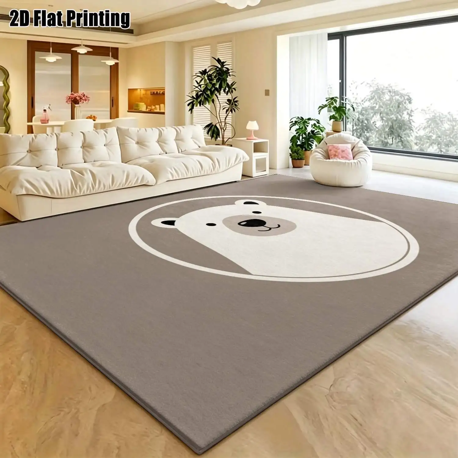 1Pc 2D Printed Cream Bear Head Nordic Carpet, Instagram-Inspired Minimalist Floor Mat, Machine Washable, Multi-Size Home Decor Rug for Entryway, Bedroom, Living Room, Study