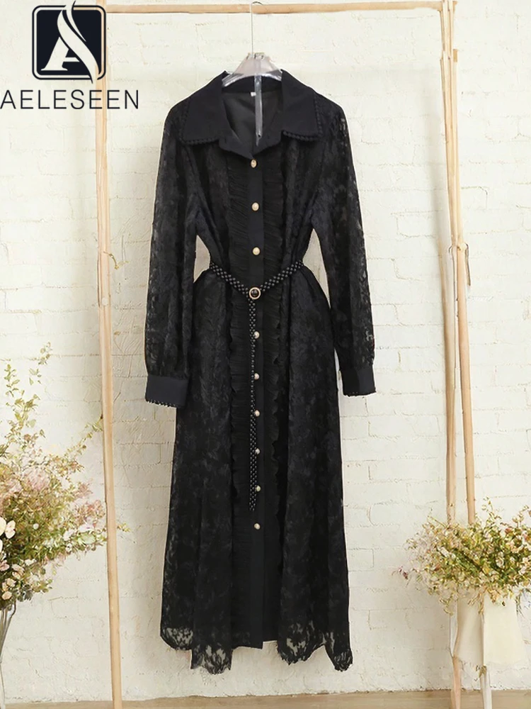 

AELESEEN Designer Fashion Lace Dress Women Autumn Winter Full Sleeve Turn-down Collar Ruffles Patchwork White Black Elegant