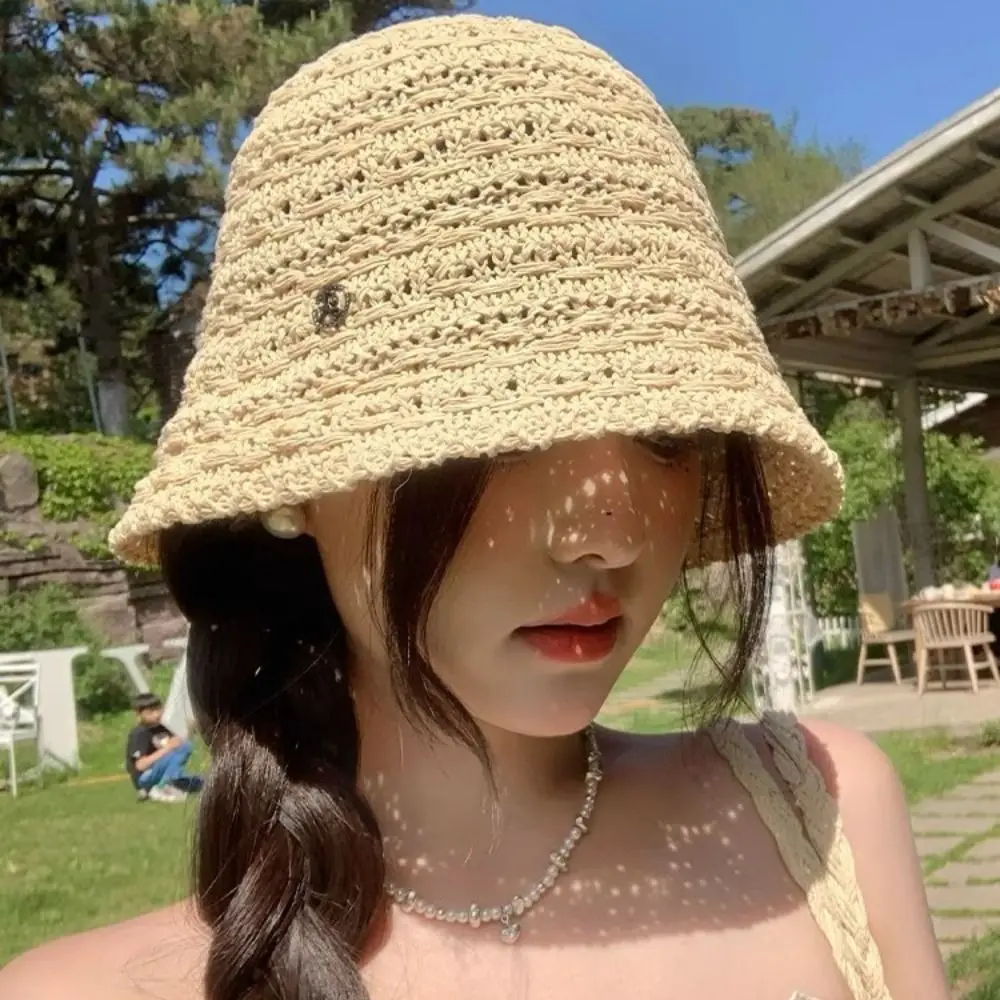Fashion Summer Straw Sun Hat Wide Brim Hollow Straw Bucket Hat Breathable Vacation Beach Visor Cap Outdoor