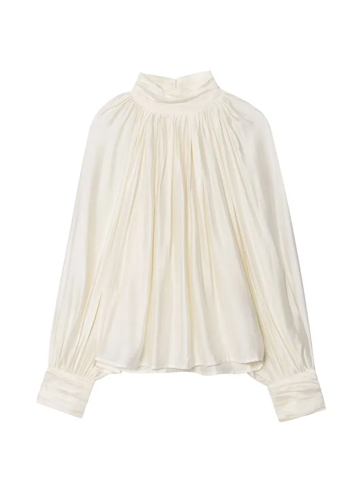 HH mujer moda de otoño Simple versátil cuello alto drapeado Top mujer calle temperamento linterna camisa de manga larga