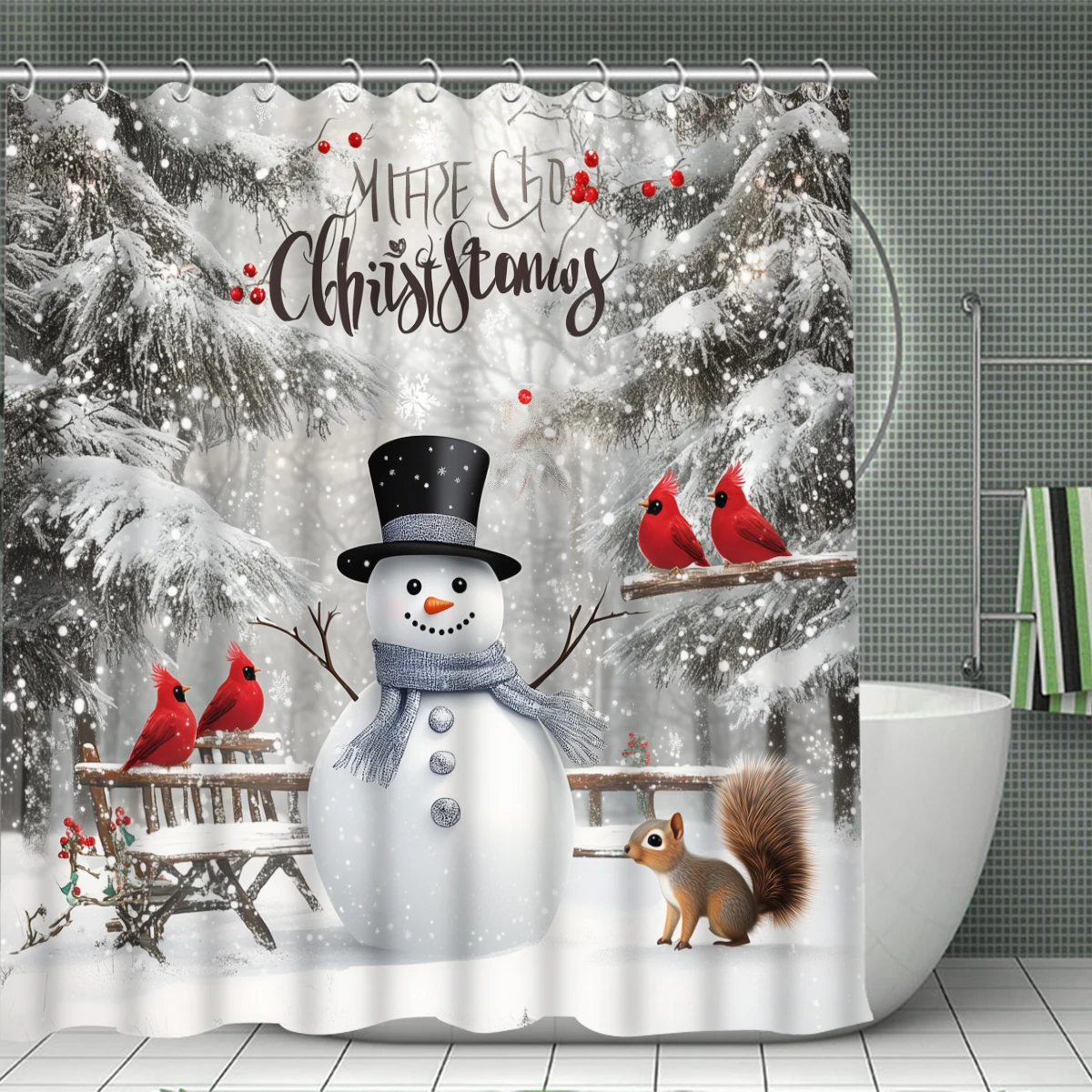 Christmas snowman squirrel 1/4PC shower curtain set waterproof shower curtain and waterproof non-slip carpet,12 hooks included