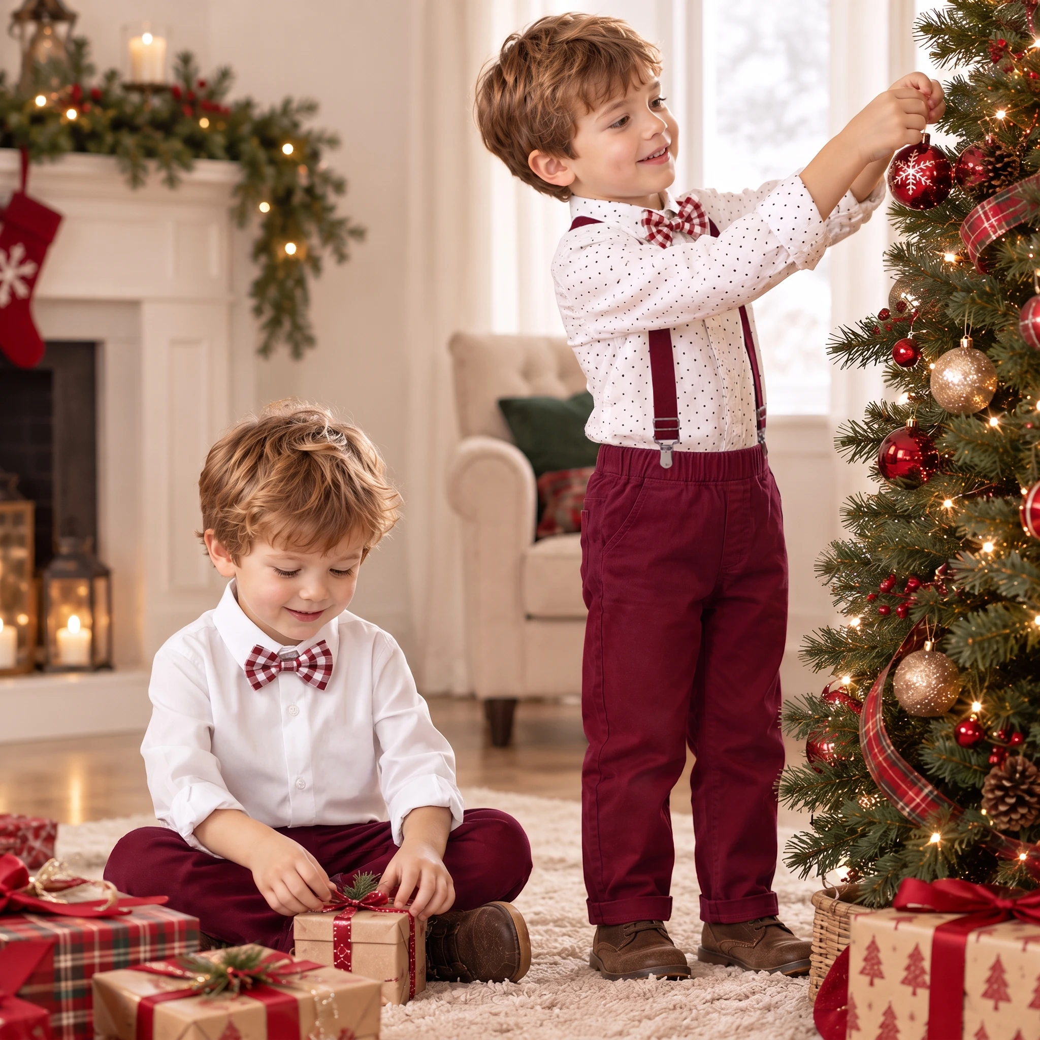 Gentleman Christmas Suspender Shirt Set for 1-7 Years Boys Long Sleeve Spring Autumn Party Suit Soft Cotton Kids Clothing