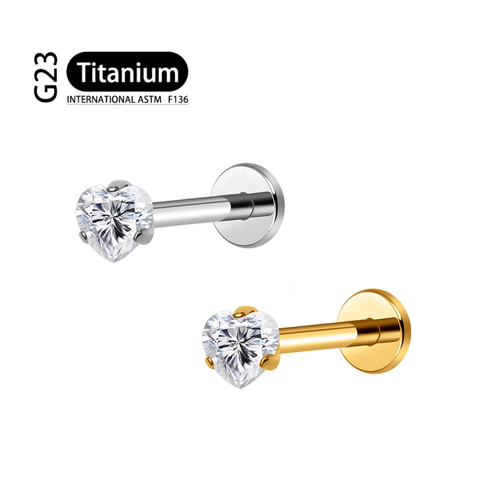ASTM F136 Titanium 16G Heart CZ Internally Threaded Flat Back Labret Cartilage Tragus Helix Nose Stud Piercing