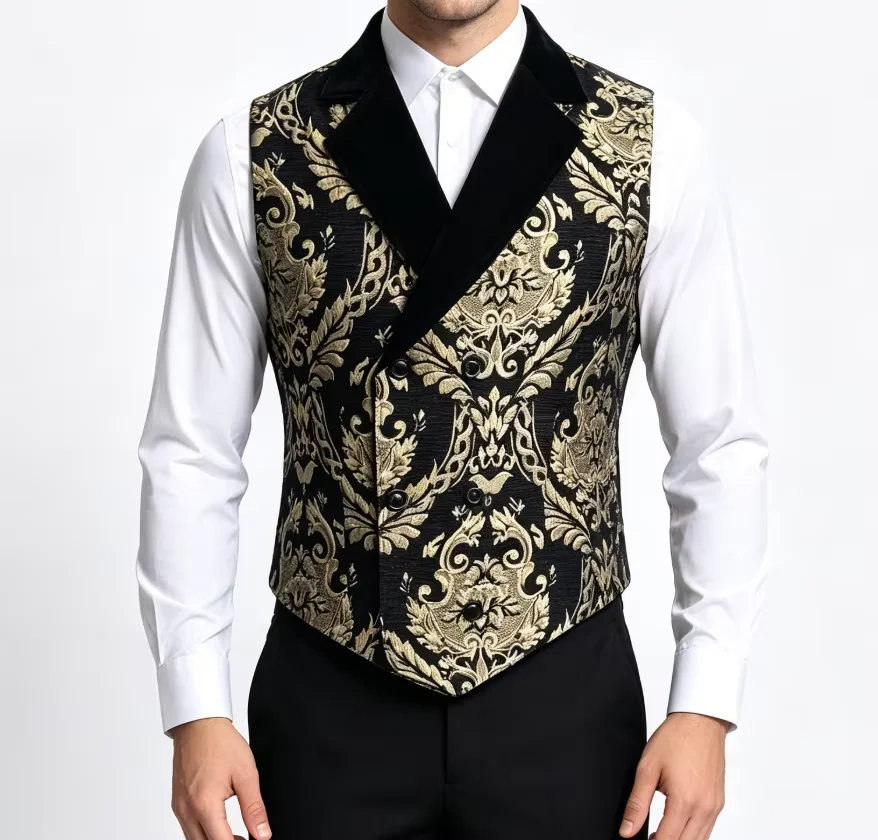 Herren Viktorianische Steampunk Jacquard-Weste, Samt-Revers Gothic-Weste für LARP, Halloween-Party & Retro-Kostüm – Detail 3