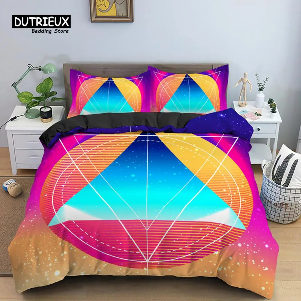 

Psychedelic 3D Geometric Duvet Cover Modern Retro Neon Bedding Set Microfiber Colorful Abstract Quilt Cover Full For Kids Teen