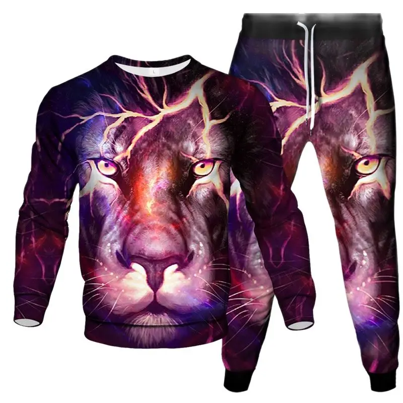 Spring Autumn Fashion Sweatshirt Trousers Casual Tracksuit 2 Piece Suit Animal Lightning Lion 3D Print Men Outoor Clothes Set