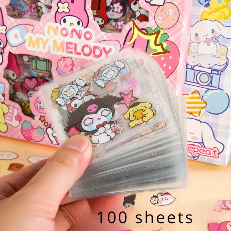 100Pcs Sanrio Kuromi Melody Cinnamoroll PET Transparent Waterproof Sticker Cartoon DIY Stationery Cup Hand Ledger Sticker Set