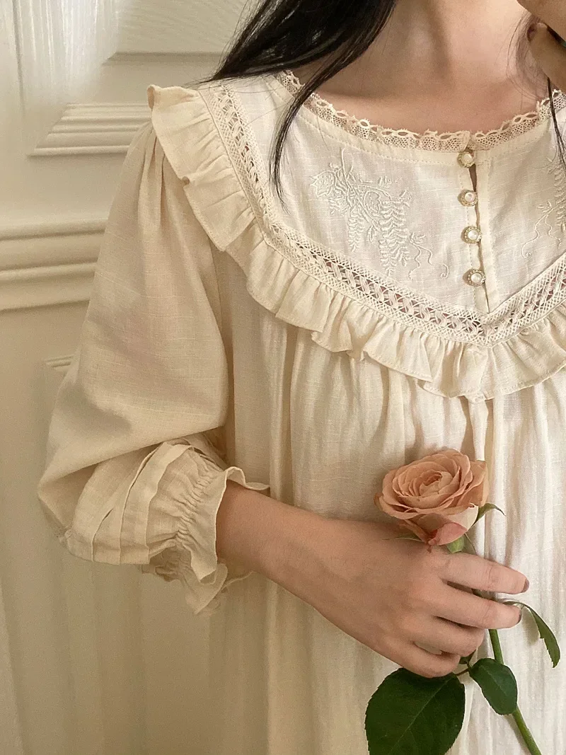 Women Victorian Sleepwear Pure Cotton Vintage Nightgowns Robe Ruffles Nightie Long Night Dress Romantic Princess Nightdress A528