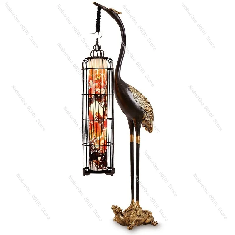 

Elegant Chinese Style Floor Lamp Antique Crane Lantern Zen Living Room Sofa Standing Decor Wrought Iron Birdcage Light