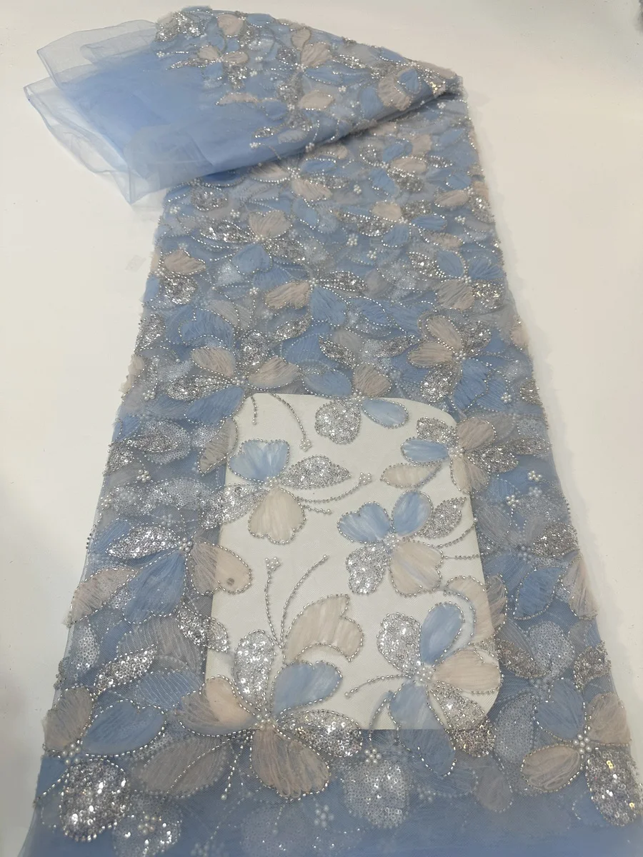 

New Arrival Sky Blue Handmade Beads African Lace Fabric 2025 High Quality Sequins Beaded French Lace Fabric For Party PYX2510