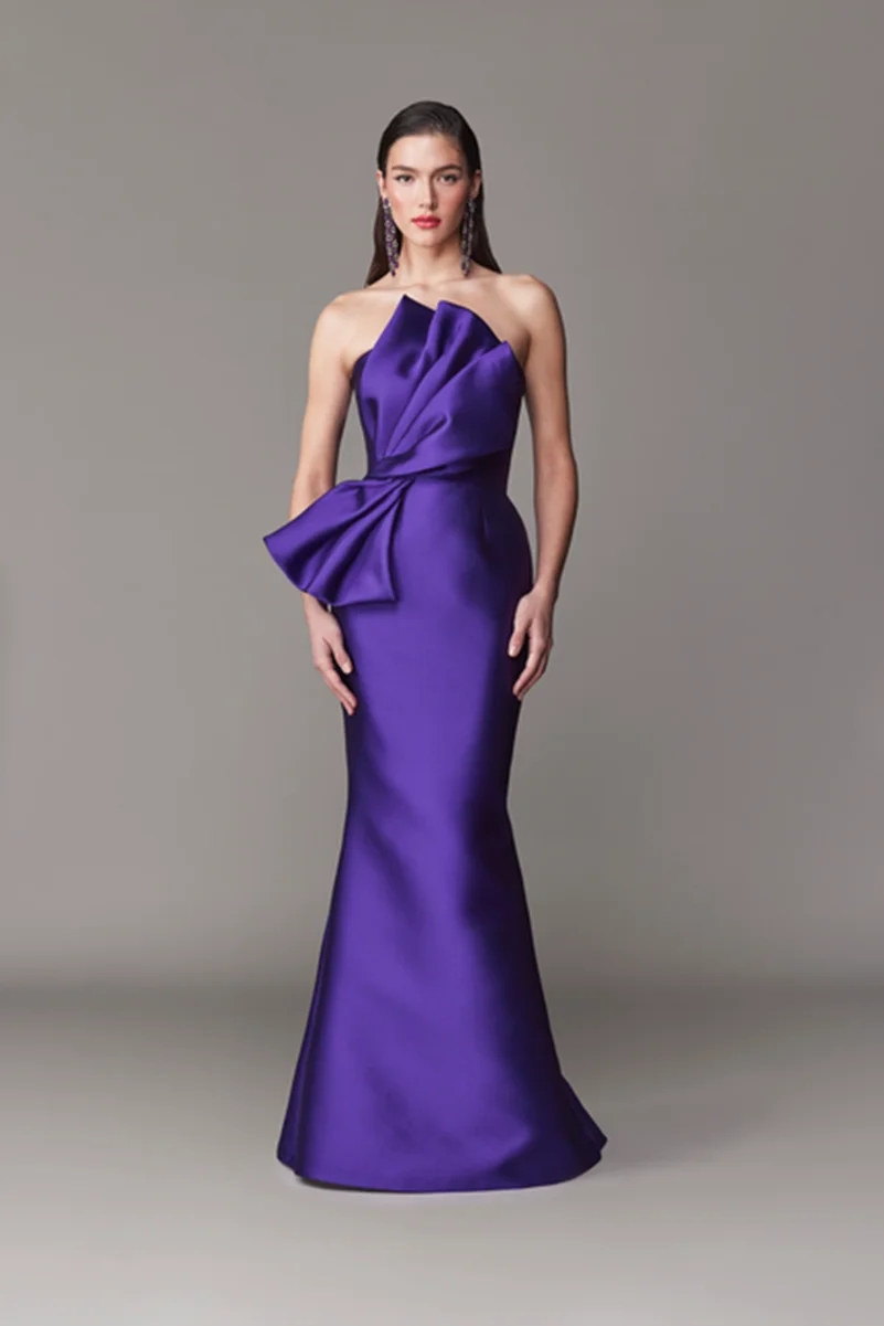 

Customized Chic Long Purple Scalloped Evening Dresses Mermaid Satin Ruffled Pleated Watteau Train Formal Prom Dress for Women
