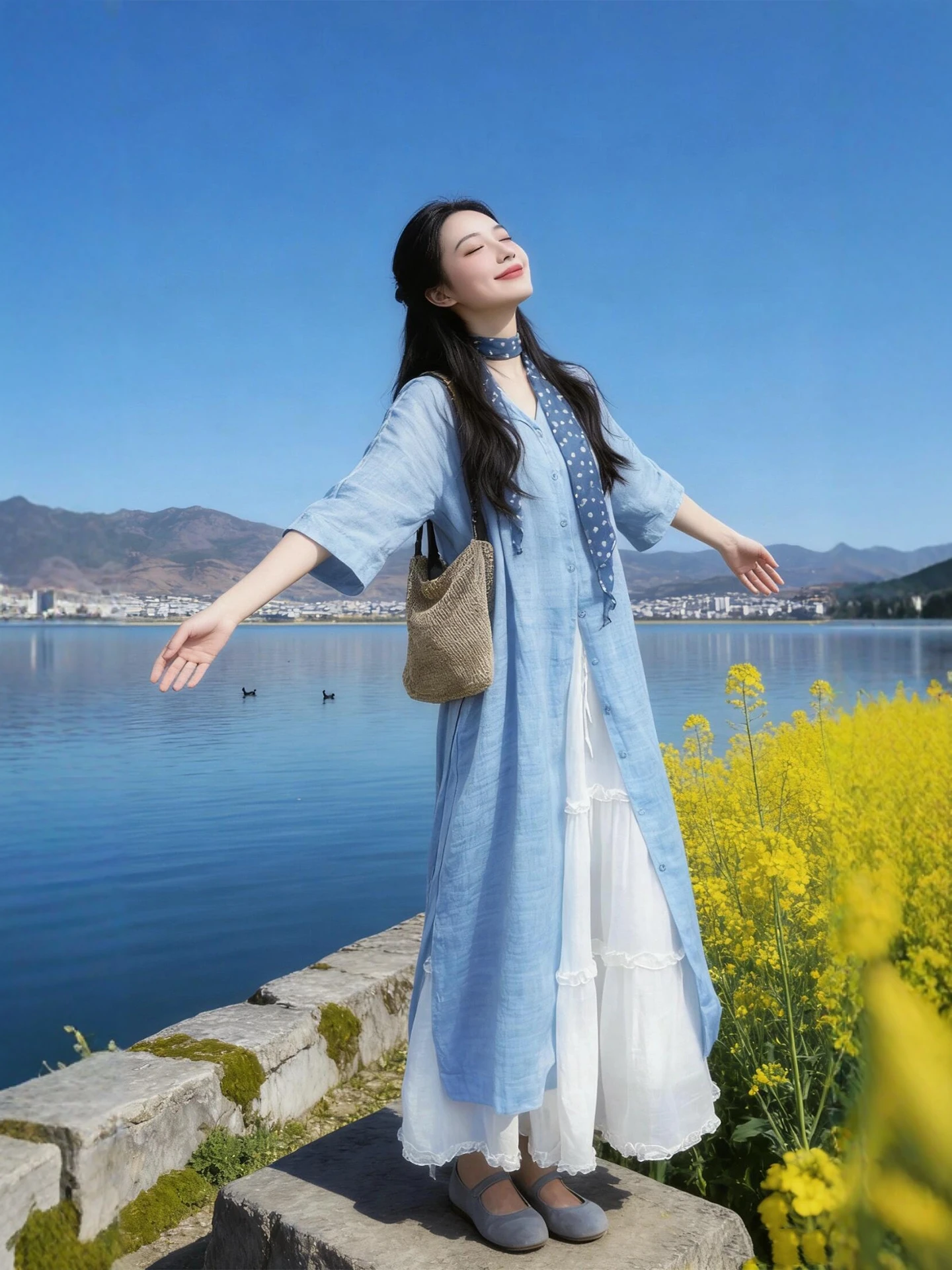 Blue Shirt Skirt Set Women's Loose Fit Summer Fashion Ensemble Lazy Style High Waist V-Neck Long Sleeve Button up Casual Wear