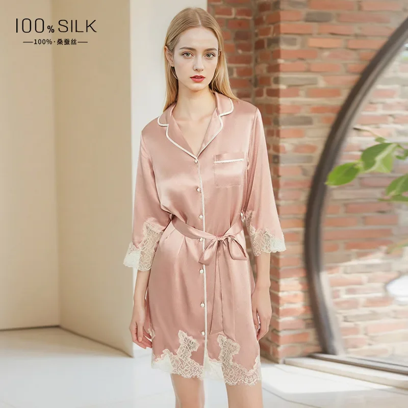 

Ночная рубашка из 100% шелка тутового шелкопряда 19 момме, летняя, с кружевной отделкой, отложным воротником, на пуговицах, пижамное платье, домашняя одежда