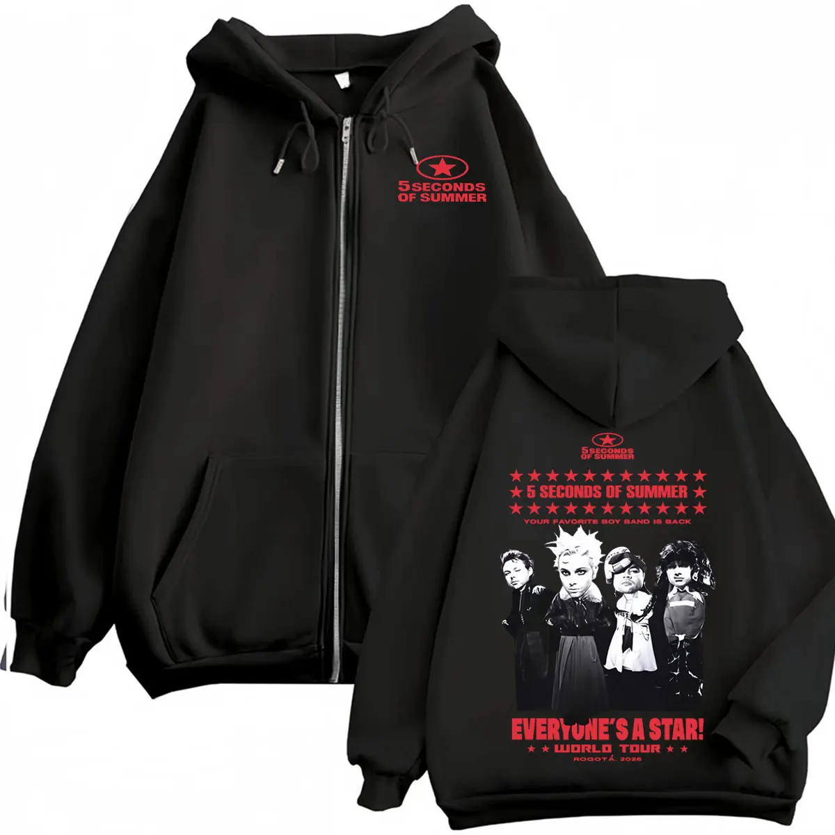 5 Seconds of Summer Everyone's A Star Tour: Jaqueta Moletom Masculina com Zíper, Estilo Hip Hop e Música Pop, Blusão com Capuz e Zíper