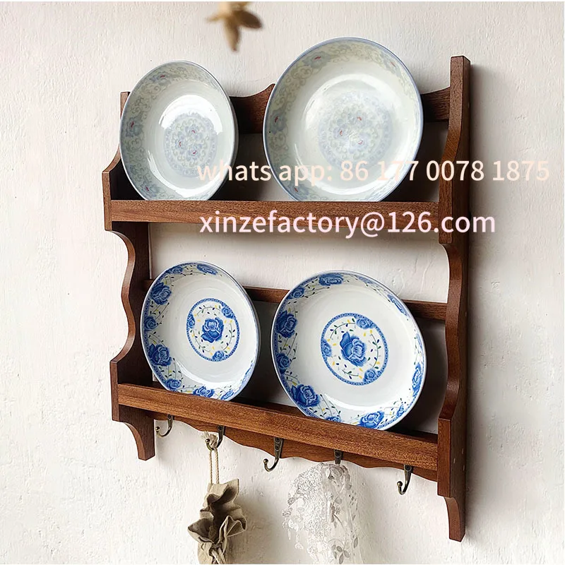 Customizable Farmhouse Dish Rack Wall Shelf Vintage Coffee Shop Style Rustic Display for Plates Distressed Wood Kitchen