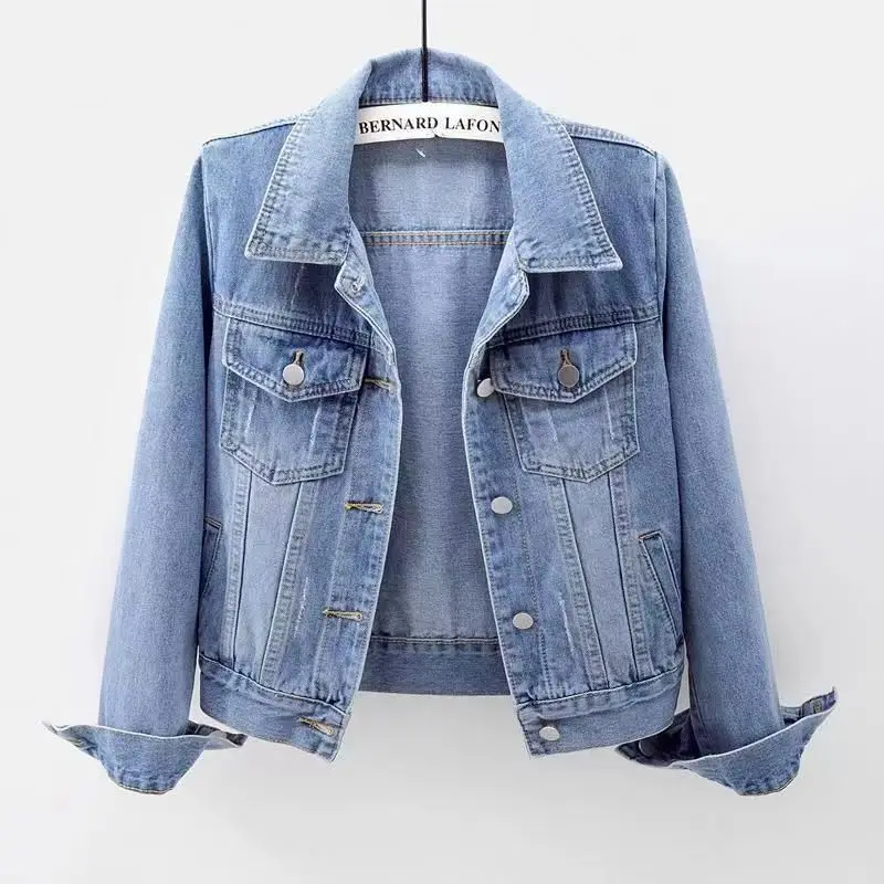 Women's Slim Fit Denim Short Solid Color Long Sleeve Casual Student Coat Spring Autumn Versatile Top