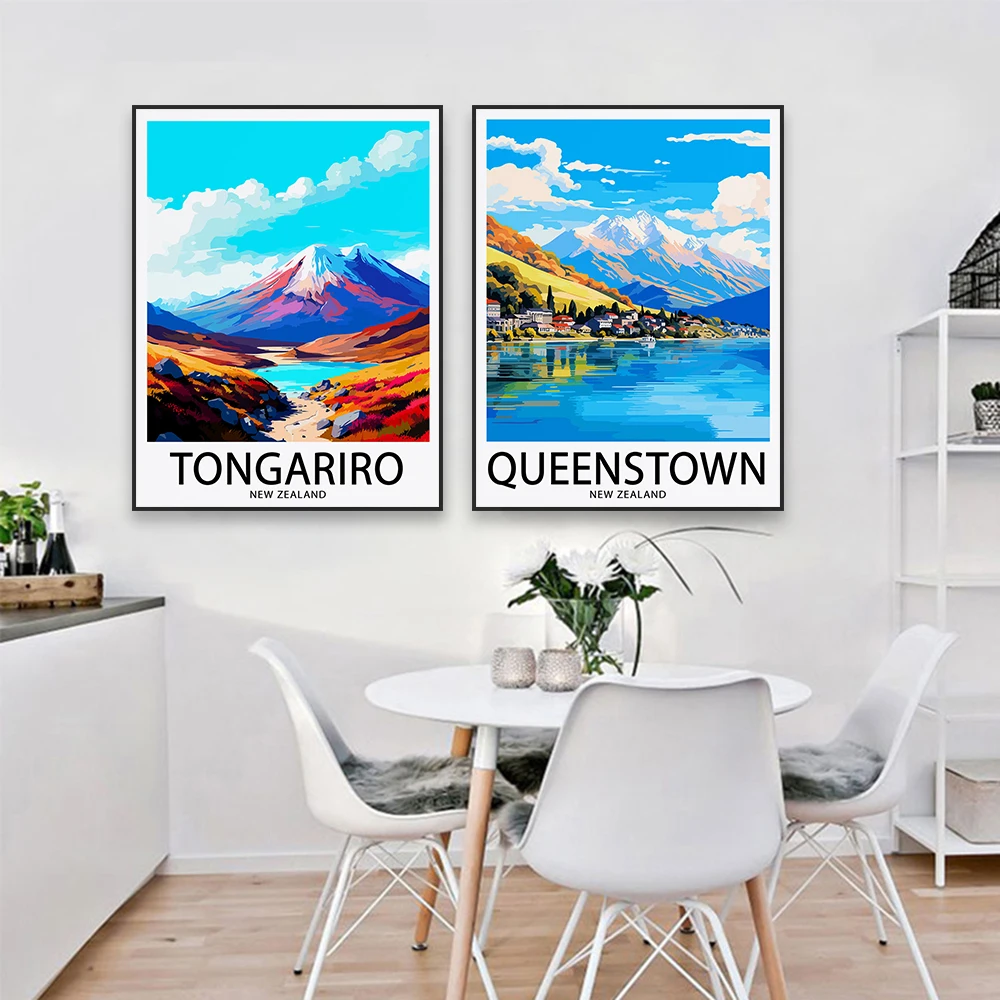 ملصق سفر كوينستون ، طباعة فنية لمناظر طبيعية نيوزيلاندية ، لوحة قماشية ملونة ، ديكور غرفة منزل حديث