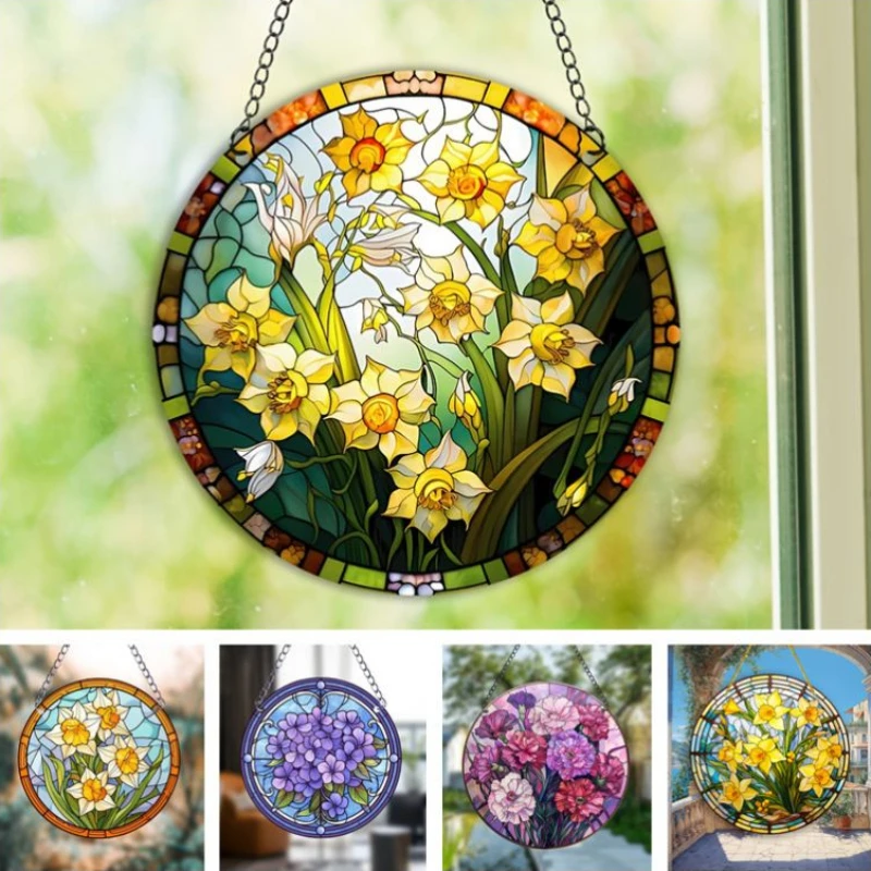 Flower Series Stained Acrylic Suncatcher Daffodil Carnation Print Window Wall Hanging Panel Home Room Decor Wreath Sign Pendants