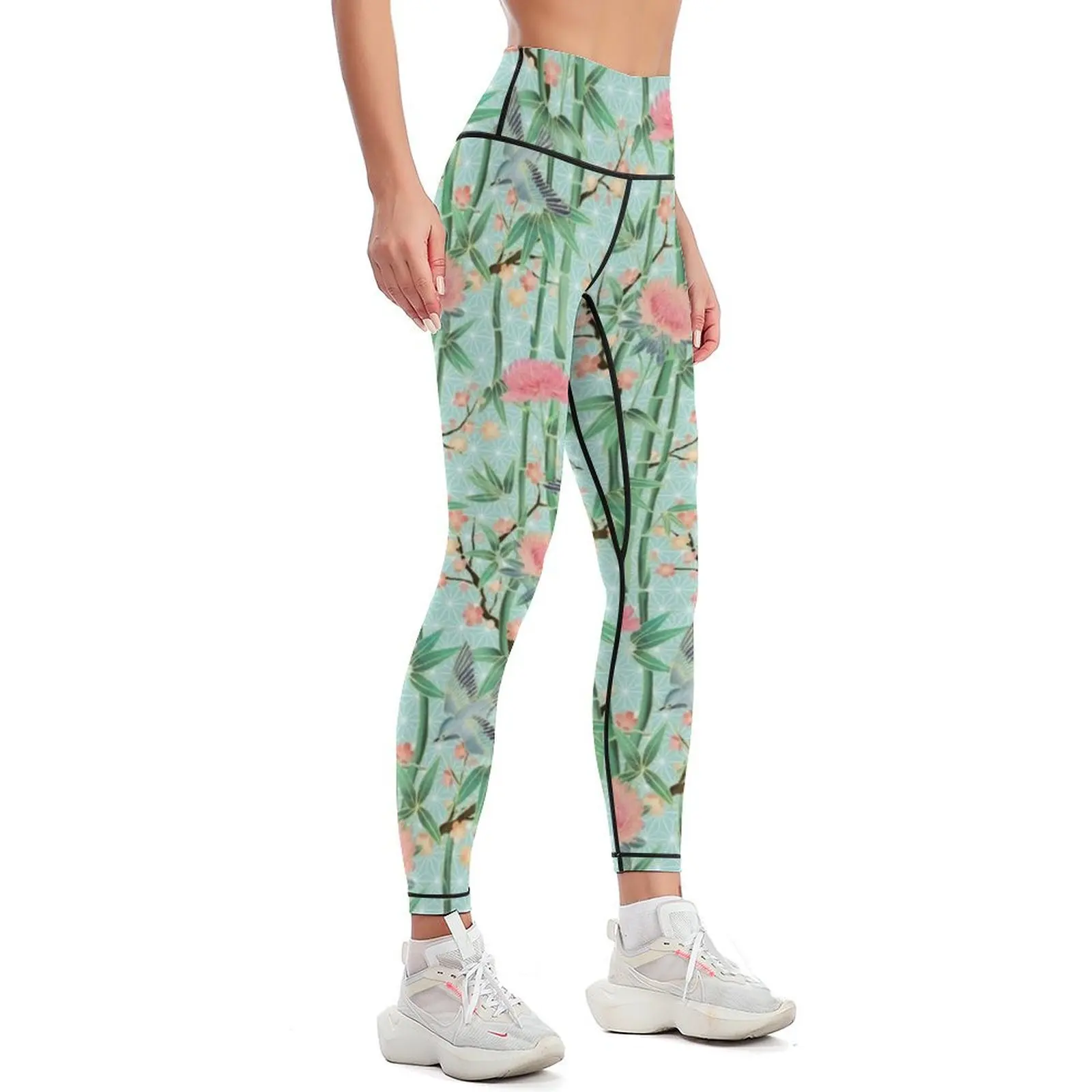 Bamboo, Birds and Blossom - soft blue green Leggings Women's trousers Women's pants Womens Leggings