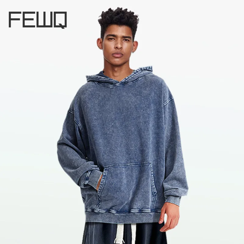 FEWQ Batik Worn-out Men's Sweatshirts Hooded Big Pockets Casual Clothing American Style Loose Solid Color Male Tops New 24E1033